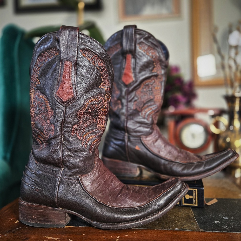 Cuadra Cowboy Boots Brown Ostrich Leather Western Square Toe Mens Vintage Style